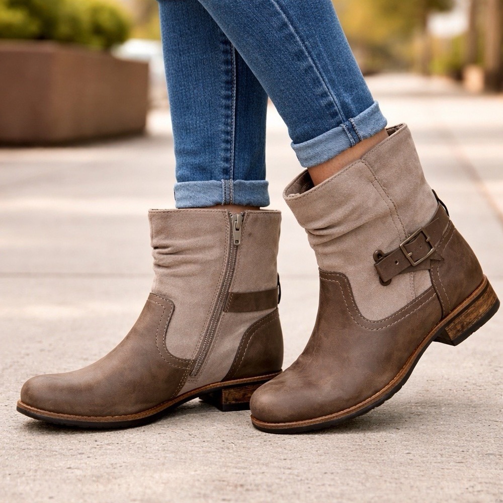 Earth Origins Avery Wide Stone Leather Suede Ankle Boots Size 8W Comfort Heel